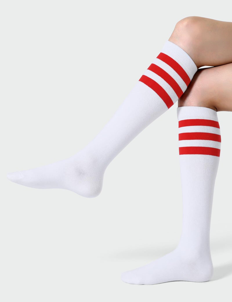 Joulli Women's Knee High Athletic Socks Stripe Tube Outdoor Sport Socks 3 Pairs, White Mix - Image 3